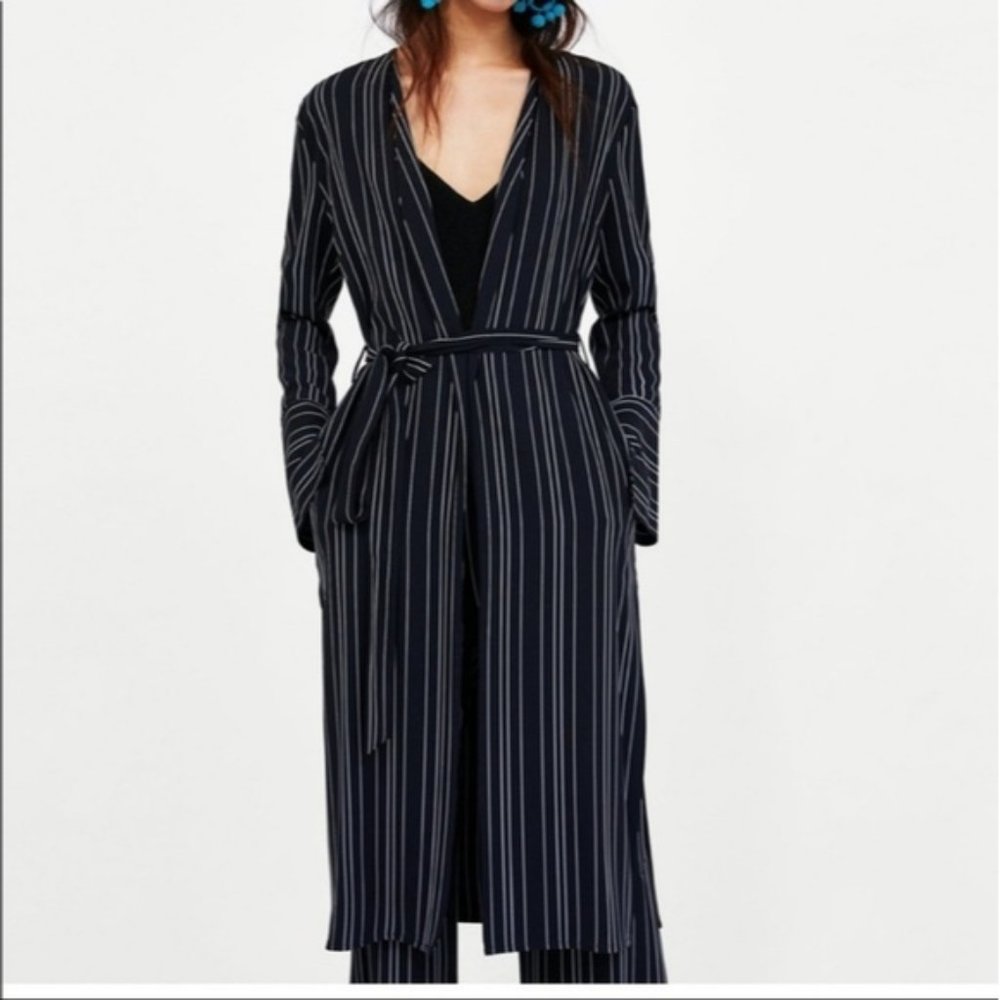 Zara Striped Longline Wrap Cardigan Duster Trench XS